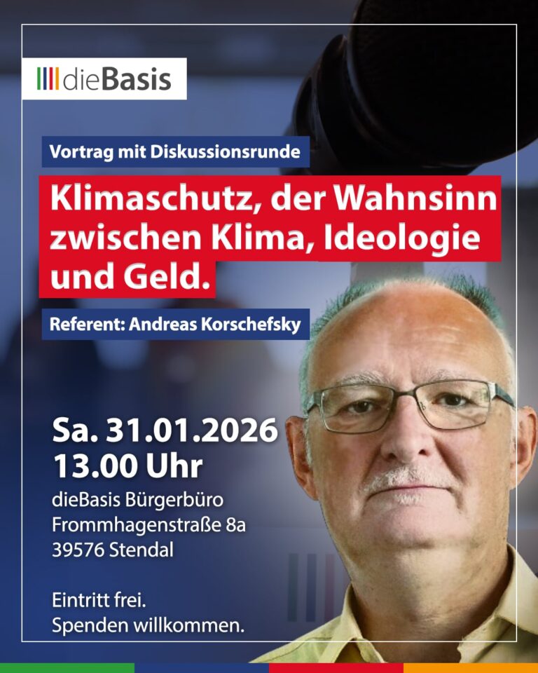 Veranstaltungsbild für den Vortrag mit Diskussionsrunde "Klimaschutz, der Wahnsinn zwischen Klima, Ideologie und Geld." am Samstag, den 31.01.2026